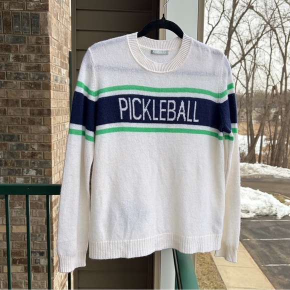 🆕 Alashan 💯 Cashmere Pickleball Sweater White Striped Sport Knit Luxury Size M - Picture 3 of 13